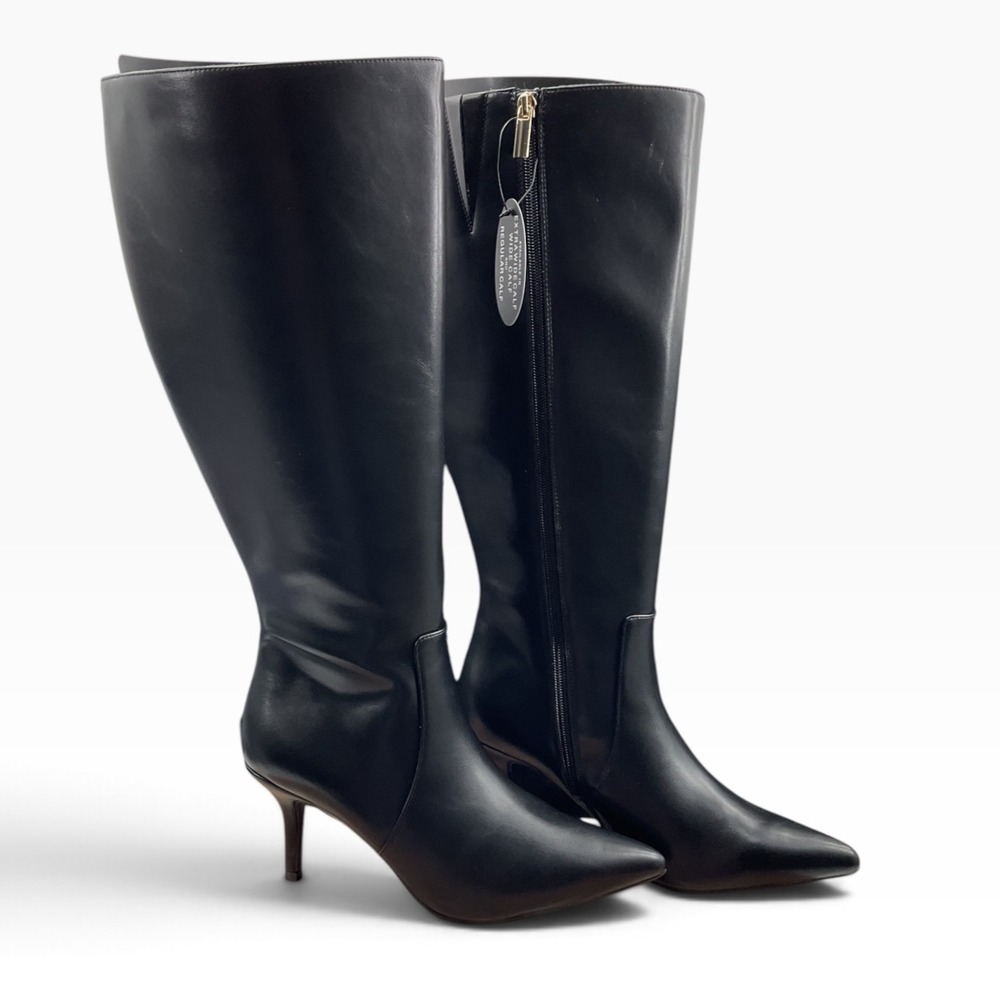 INC McKennaap Black Extra Wide Calf Pointed Toe Kitten Heel Knee High Boots 8W
